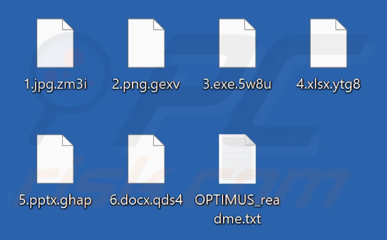 Fichiers cryptés par Optimus ransomware (extension aléatoire)
