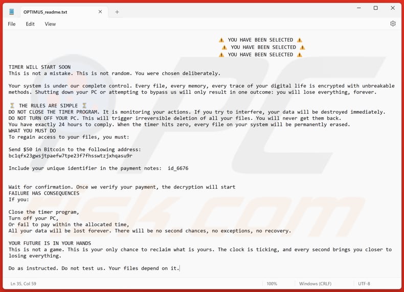Optimus ransomware fichier texte (OPTIMUS_readme.txt)