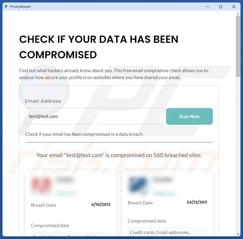 PrivacyKeeper L'application potentiellement indésirable affiche les résultats de l'analyse