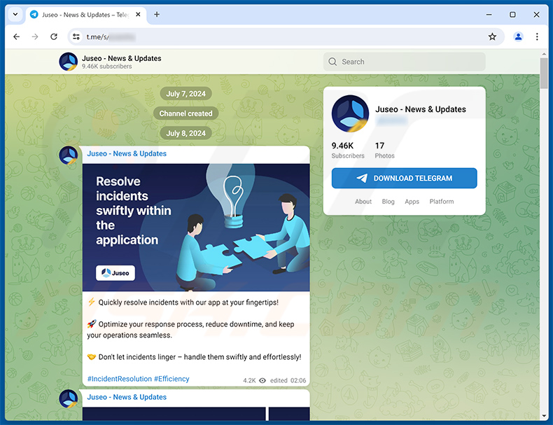 Telegram promotion du canal juseo[.]so
