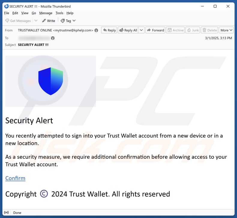 Trust Wallet Sign-In Attempt Campagne de spam par courrier électronique