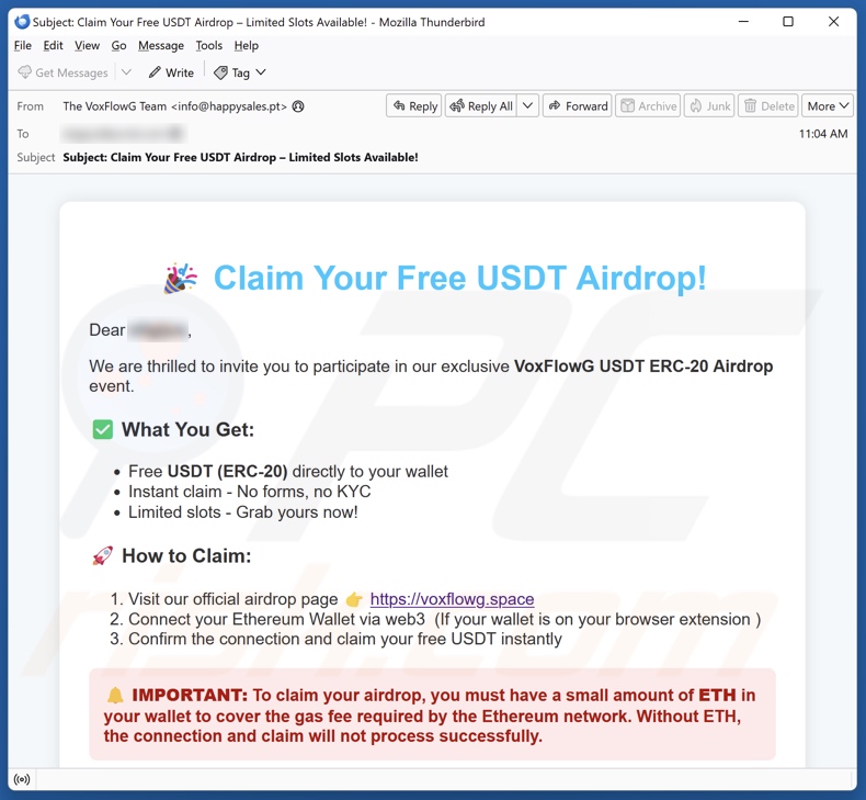 VoxFlowG USDT Airdrop Campagne de spam par courrier électronique