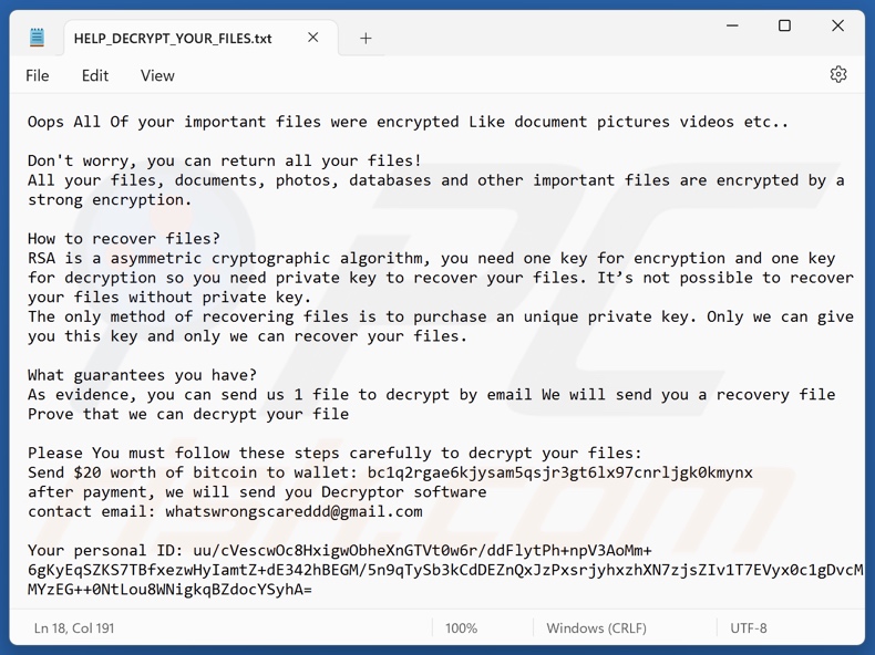 Worry (WhatsWrongScared) ransomware note de rançon (HELP_DECRYPT_YOUR_FILES.txt)