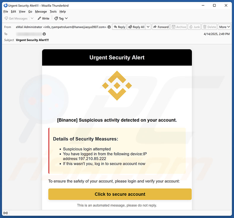 Binance - Urgent Security Alert campagne de spam par e-mail