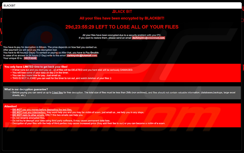 DarkMystic (BlackBit) ransomware note de rançon (info.hta)