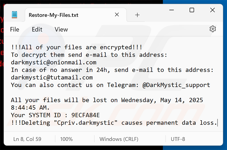 DarkMystic (BlackBit) ransomware fichier texte (Restore-My-Files.txt)