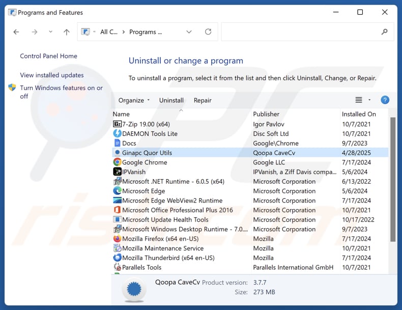 Désinstallation de Ginapc Quor Utils via le Panneau de configuration