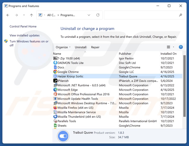 Heizer Kroop Sortic désinstaller via Control Panel