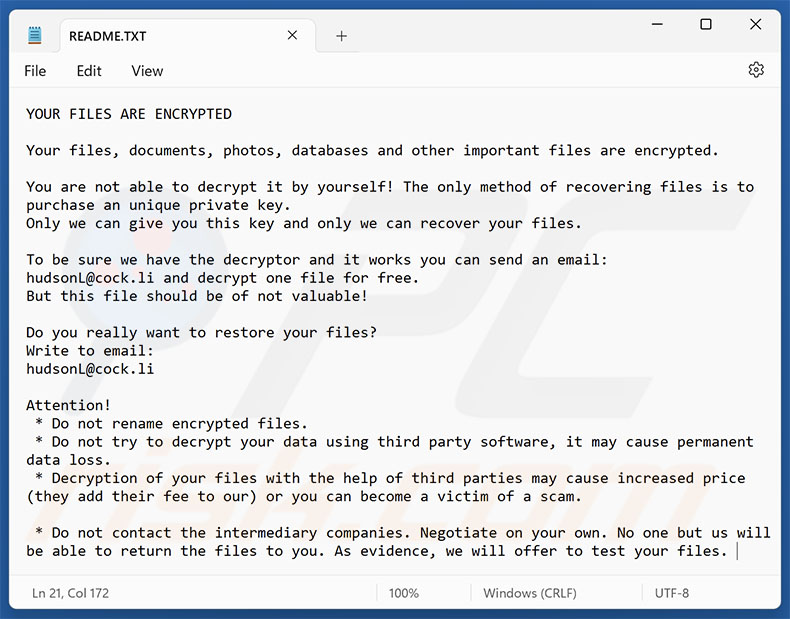 Hudson ransomware demande de rançon (README.TXT)
