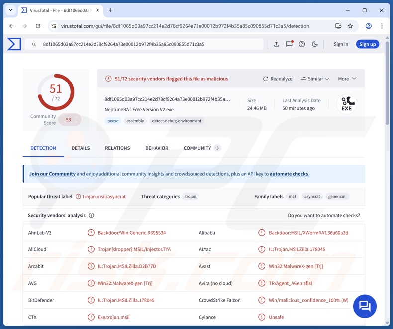 Neptune malware détections sur VirusTotal