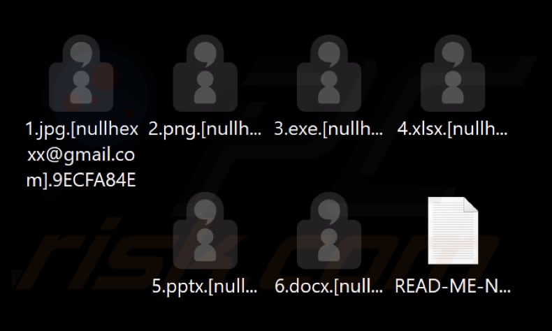 Fichiers cryptés par le ransomware Nullhexxx (l'identifiant de la victime est l'extension)