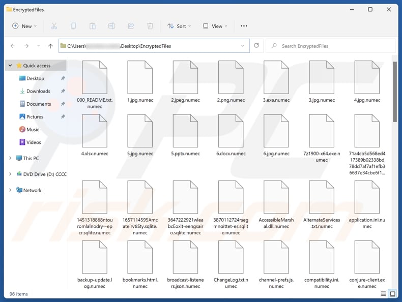 Fichiers cryptés par le ransomware Numec (extension .numec)