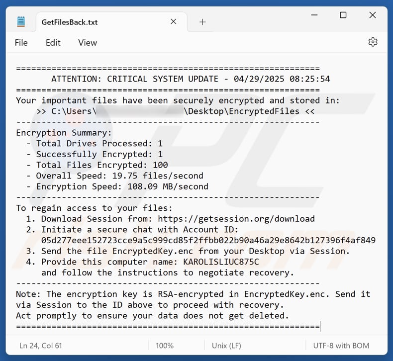 Fichier texte du ransomware Numec (GetFilesBack.txt)