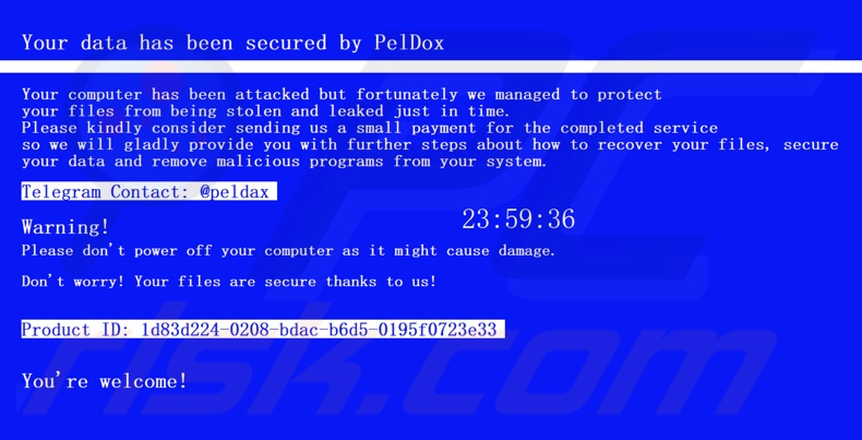 PelDox ransomware note de rançon (message en plein écran)