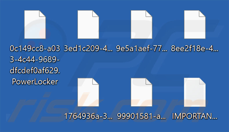 Fichiers chiffrés par le ransomware PowerLocker ([chaîne_de_caractères_aléatoire.PowerLocker - modèle de renommage des fichiers)