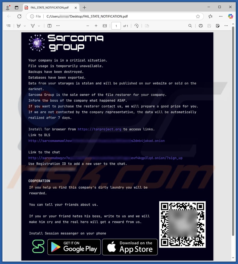 Sarcoma Group ransomware fichier de notes de rançon (FAIL_STATE_NOTIFICATION.pdf)
