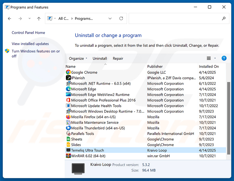 Temeliq Ultra Touch désinstaller via Control Panel
