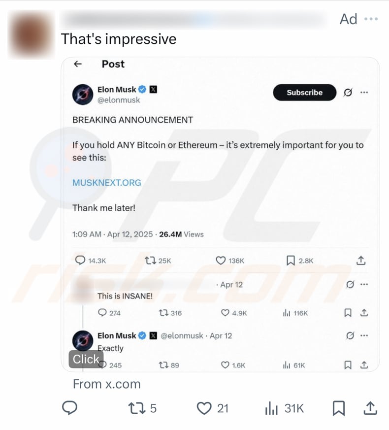 Tesla Foundation Giveaway Faux message d'Elon Musk