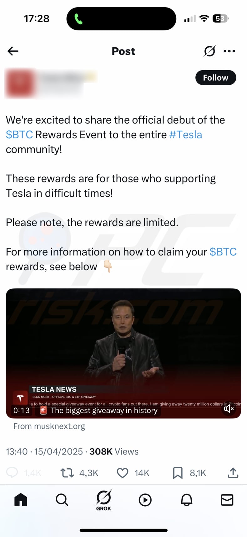 Tesla Foundation Giveaway Deuxième faux message frauduleux