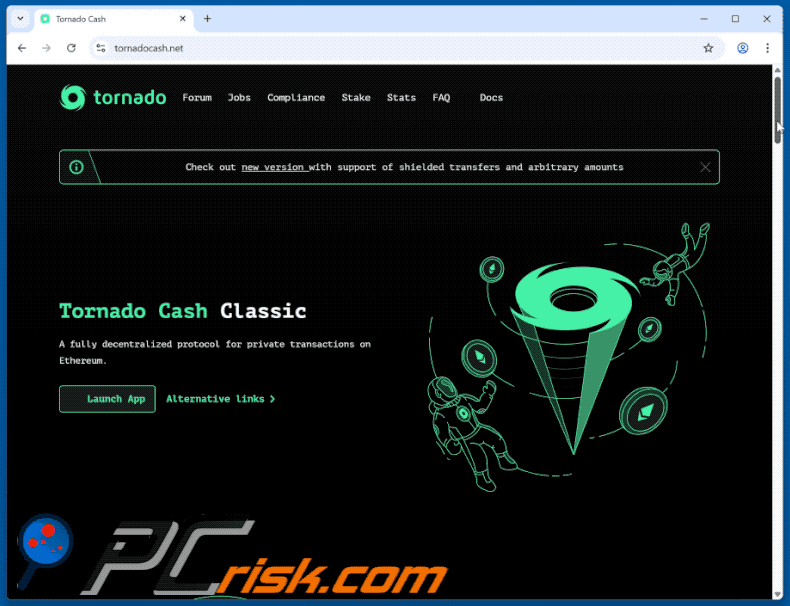 Tornado Cash apparence du site web de l'escroquerie (GIF)