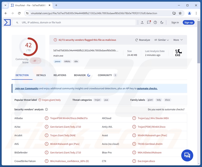 TROX malware détections sur VirusTotal
