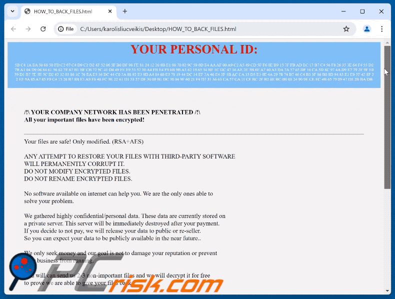 Fichier de note de rançon du ransomware Warning (HOW_TO_BACK_FILES.html)