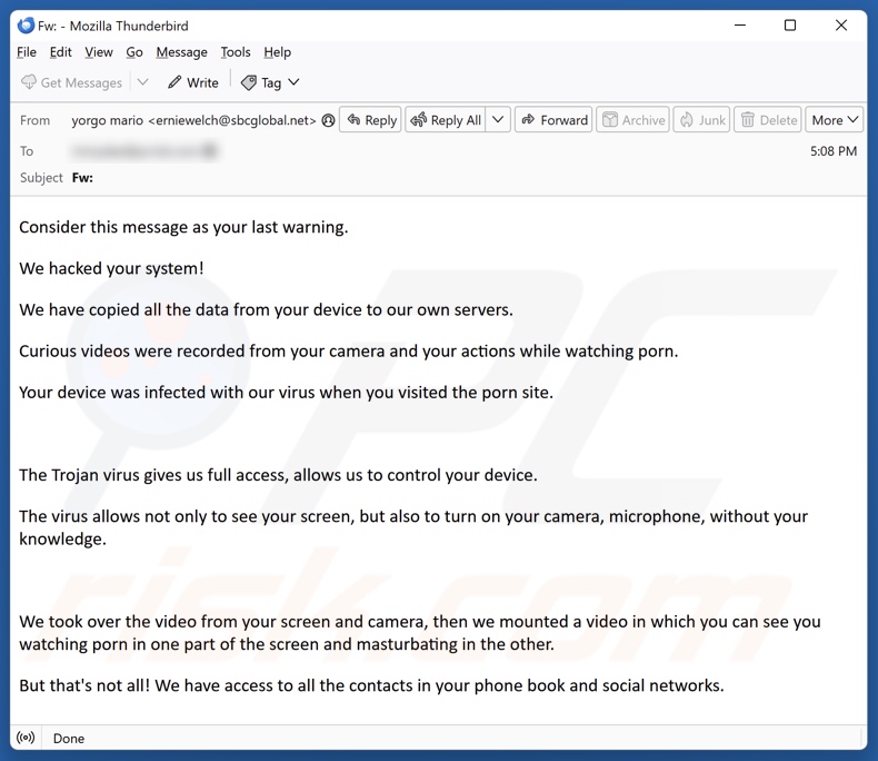 We Hacked Your System Campagne de spam par courrier électronique