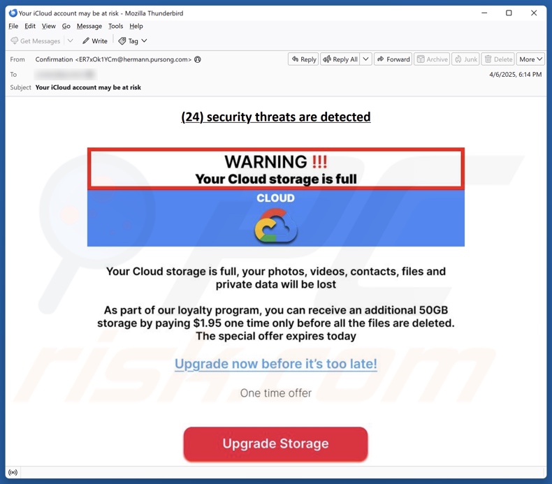 Your Cloud Storage Is Full Campagne de spam par courrier électronique