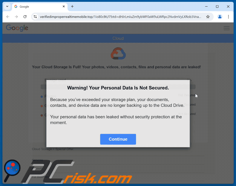 Your Cloud Storage Is Full site promu par un courriel frauduleux (GIF)