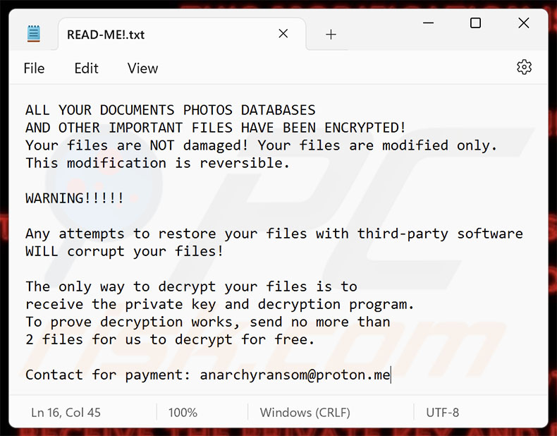Note de rançon du ransomware AnarchyRansom (READ-ME!.txt)