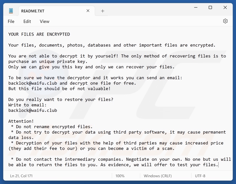 Note de rançon du ransomware BackLock (README.TXT)