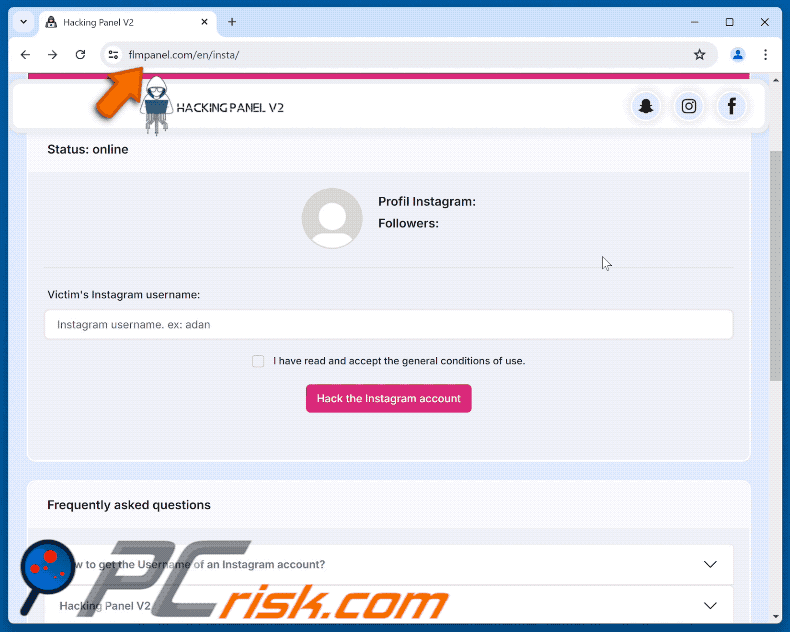 Apparence de l'arnaque Instagram Account Hack