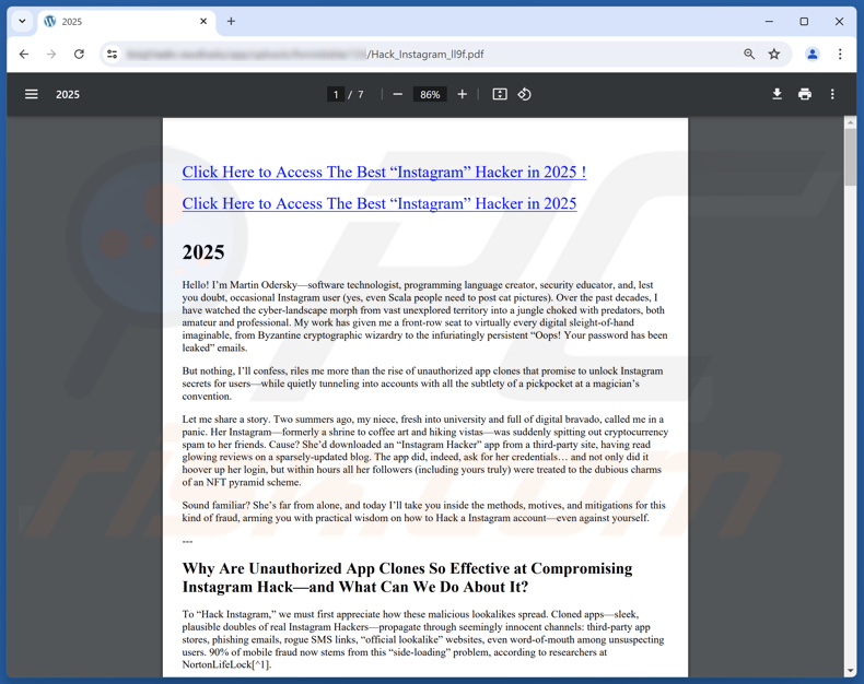PDF Instagram Account Hack Scam sur une page douteuse faisant la promotion de l'arnaque