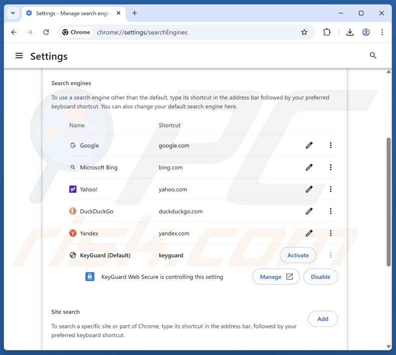 Supprimer keyguard-websecure.com du moteur de recherche par défaut de Google Chrome