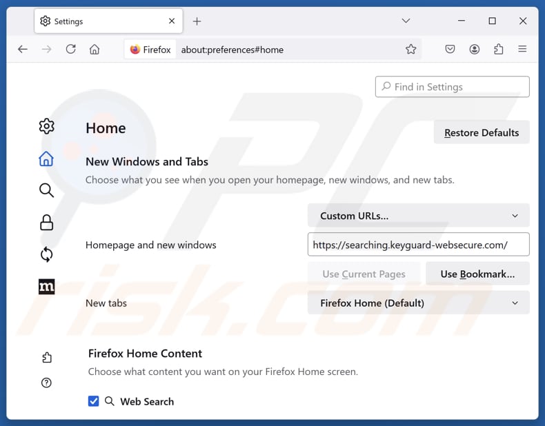 Supprimer keyguard-websecure.com de la page d'accueil de Mozilla Firefox