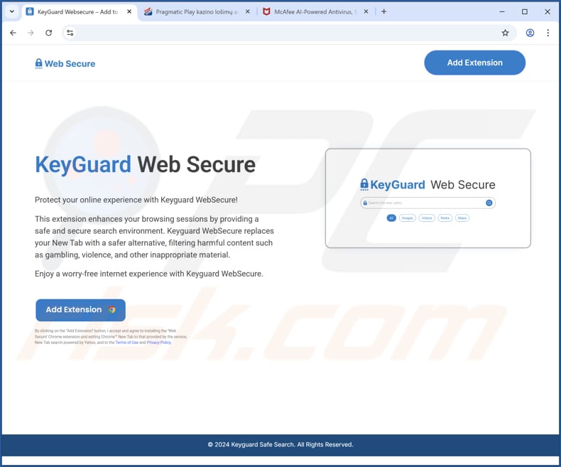Site web utilisé pour promouvoir le pirate de navigateur KeyGuard Web Secure