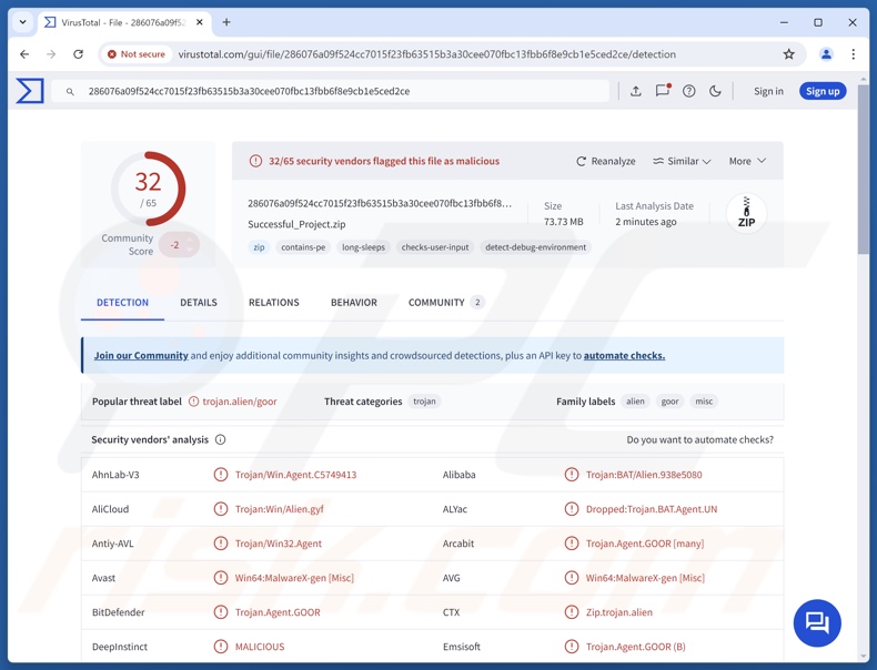 Détections du logiciel malveillant Noodlophile sur VirusTotal