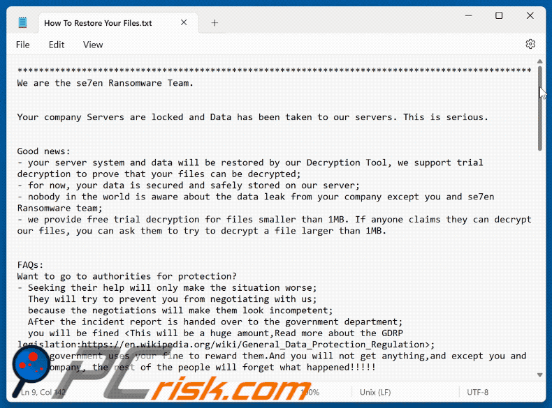 Fichier texte du ransomware Se7en (How To Restore Your Files.txt)