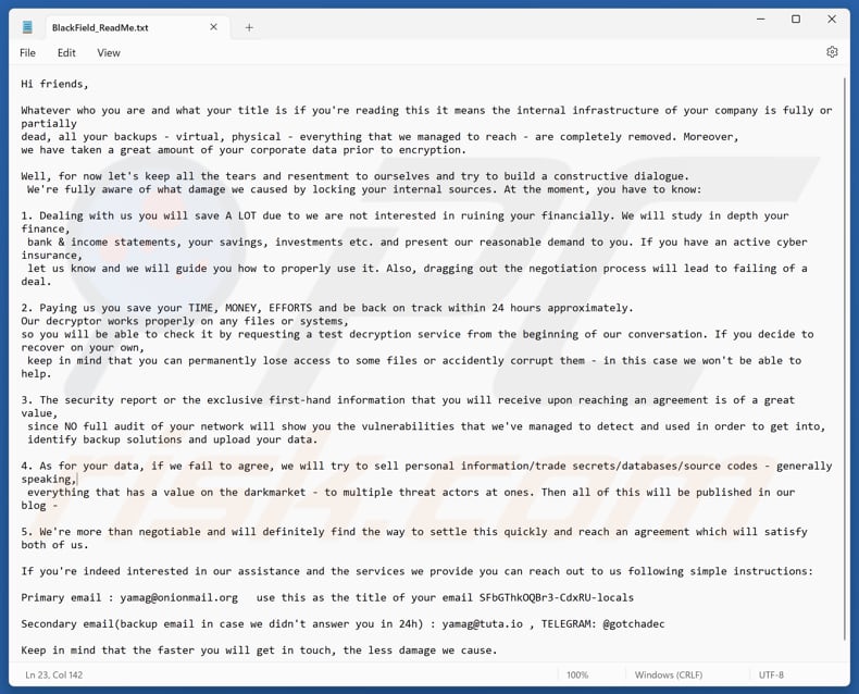 Fichier texte du ransomware BlackFL (BlackField_ReadMe.txt)