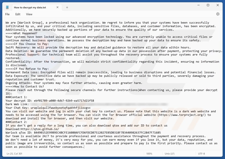Fichier texte du ransomware Warlock Group (Comment décrypter mes données.txt)
