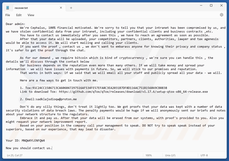 Cephalus ransomware demande de rançon (recover.txt)