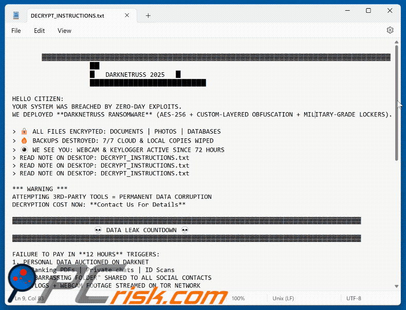 Note de rançon du ransomware DarkNetRuss (DECRYPT_INSTRUCTIONS.txt)
