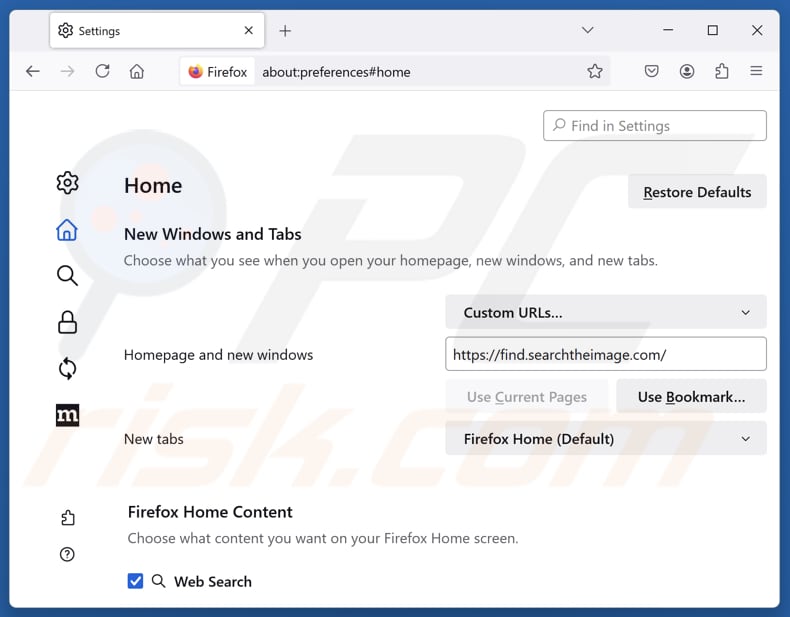 Suppression de find.searchtheimage.com de la page d'accueil de Mozilla Firefox
