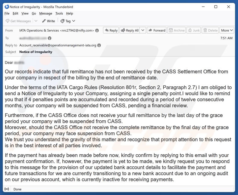 Campagne de spam par e-mail de l'Association internationale du transport aérien (IATA)