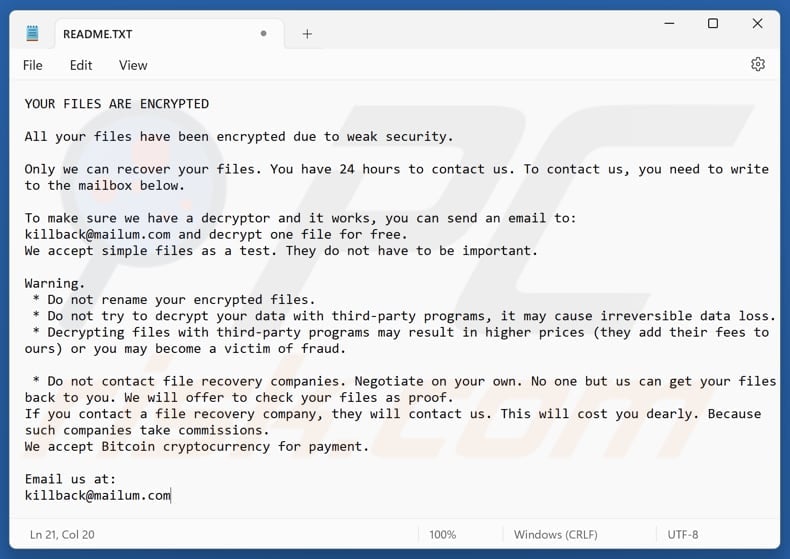 Fichier texte du ransomware KillBack (README.TXT)