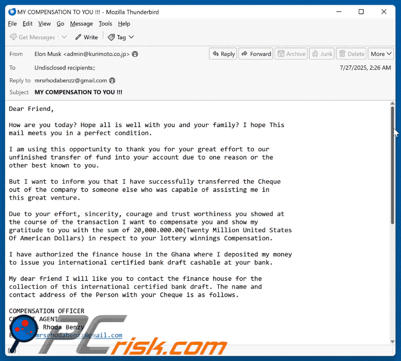 Apparence de l'e-mail frauduleux concernant l'indemnisation des gains de loterie