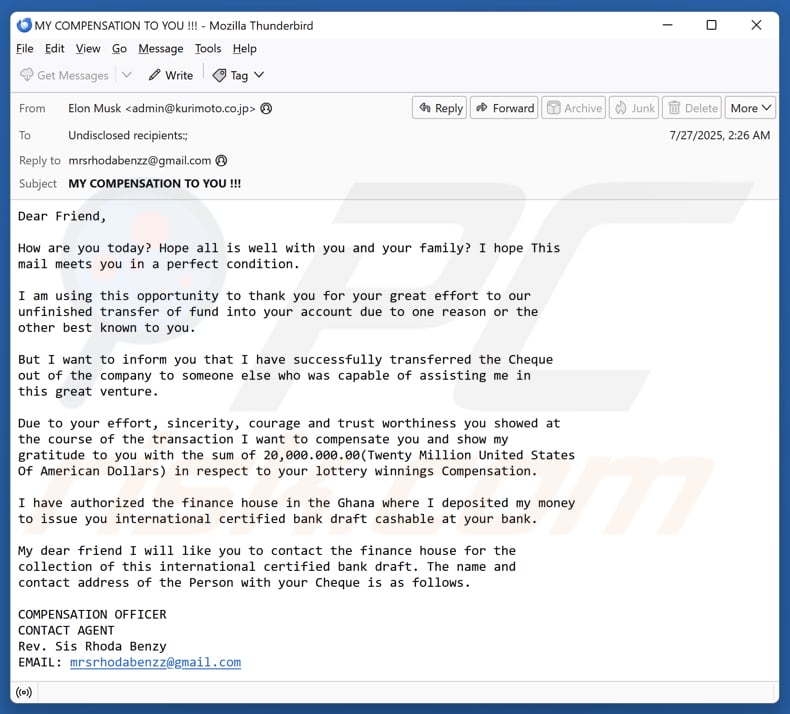Campagne de spam par e-mail « Lottery Winnings Compensation »