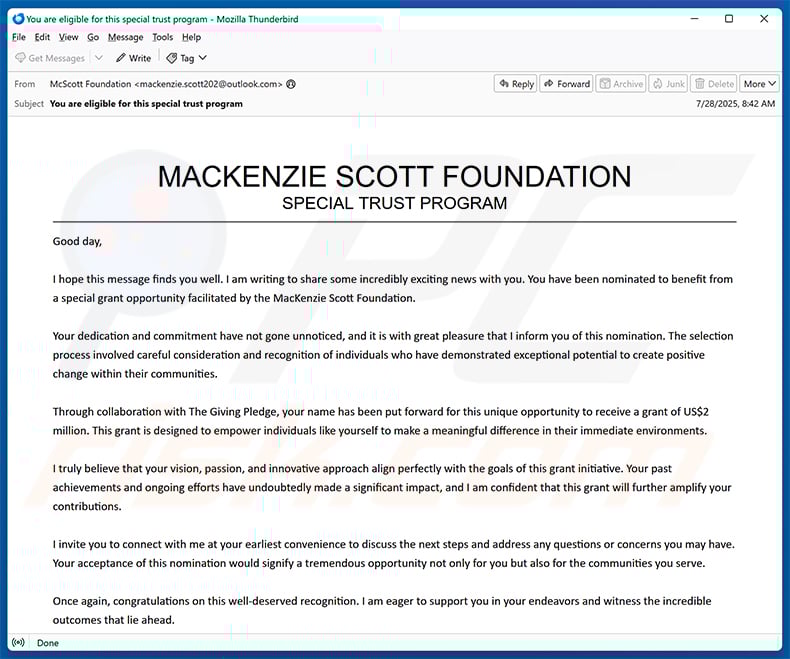 Courriel Arnaque Mackenzie Scott Foundation (2025-08-06)