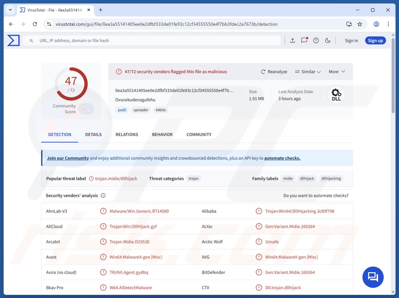 Détections du malware QuirkyLoader sur VirusTotal