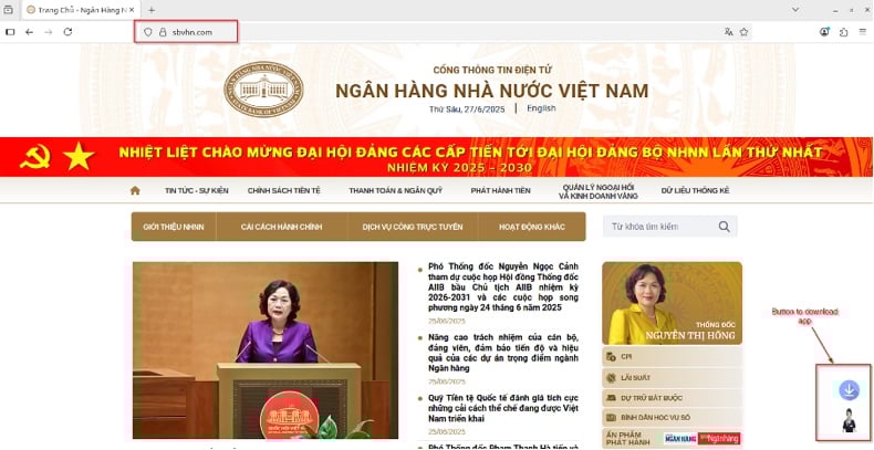 Page de diffusion du logiciel malveillant RedHook imitant le site web de la Banque d'État du Vietnam